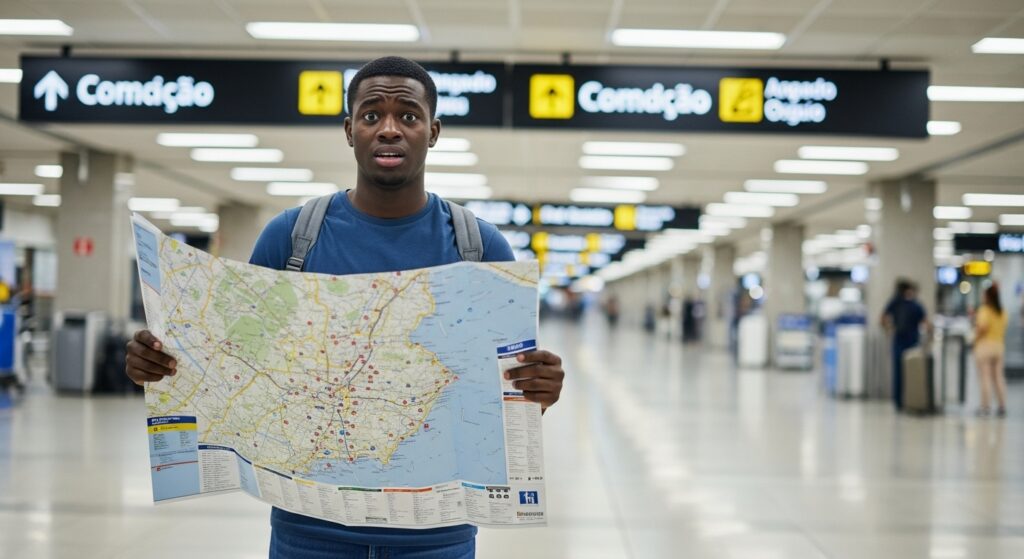 a young African student steps off the plane in Brazil looking lost and anxious, holding a confusing map, surrounded by signs in Portuguese.